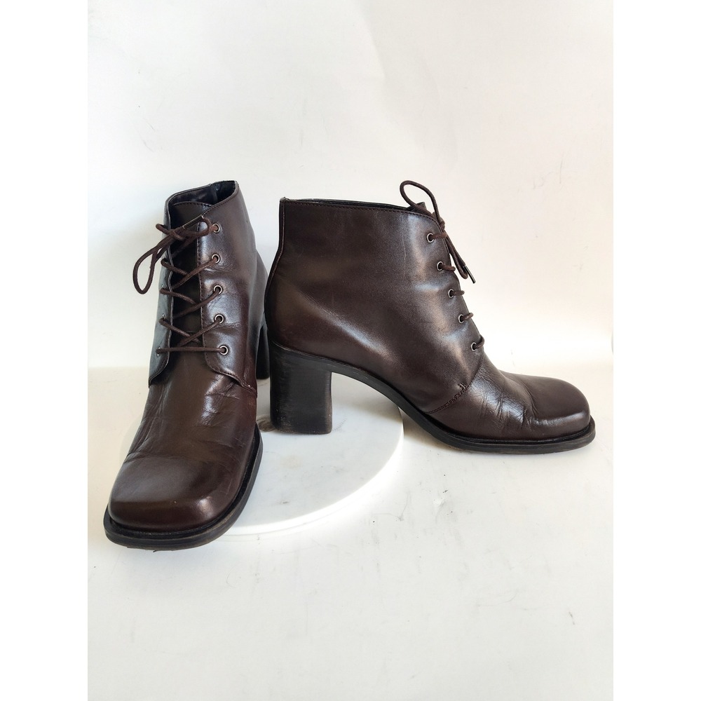 Vintage Lace-up Ankle Boots 10 90s Brown Leather Square Toe Block Heels Retro